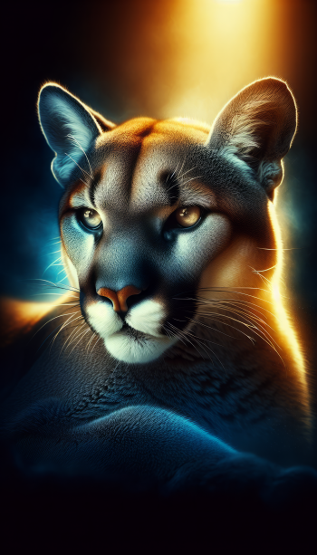 A striking close-up of a cougar, showcasing its sleek fur and intense gaze. This image captures the majestic essence of the animal, making a stunning phone wallpaper.