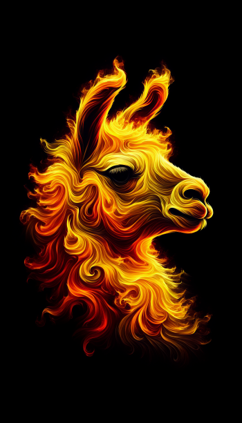 A vibrant, stylized llama head with swirling flames in shades of orange and yellow, set against a black background, designed as a striking phone wallpaper.