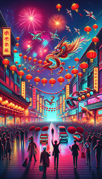 Vibrant Chinese New Year phone wallpaper featuring a majestic dragon amid fireworks and lanterns in a bustling street scene.