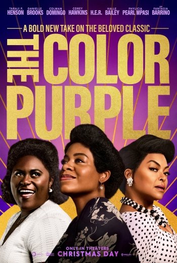 Promotional phone wallpaper for the 2023 movie adaptation of The Color Purple, featuring three main characters with a vibrant yellow and purple design.