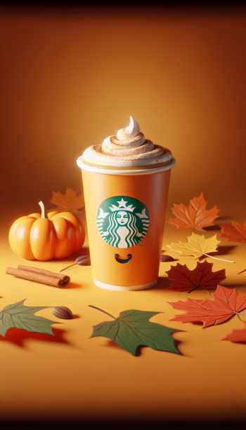 Pumpkin spice latte in a coffee cup with fall leaves and pumpkin for a festive phone wallpaper.