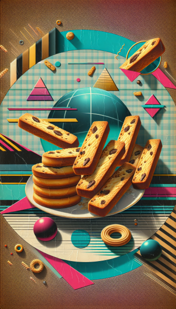 A vibrant phone wallpaper featuring a plate of biscotti alongside a colorful geometric background of shapes and patterns, creating a visually striking composition.