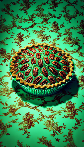 A vibrant phone wallpaper featuring a beautifully styled pecan pie, adorned with a rich green background and intricate golden floral patterns.