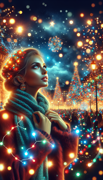 Woman enchanted by sparkling holiday lights for a festive phone wallpaper.