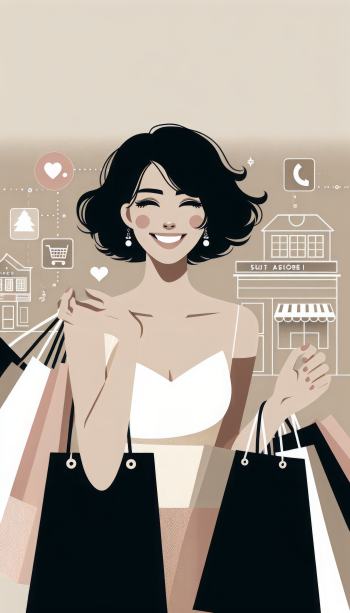 Stylish animated phone wallpaper featuring a joyful woman with shopping bags, depicting a fun shopping theme.