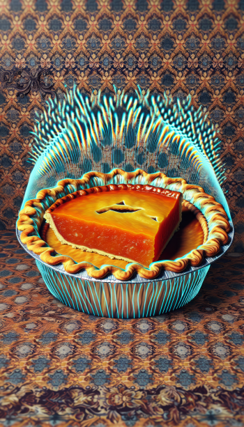 A vibrant phone wallpaper featuring a beautifully baked sweet potato pie with a golden crust, set against an intricate patterned background.