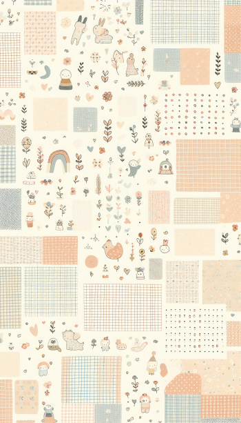 Cozy patchwork-style phone wallpaper with cute animal and nature illustrations.