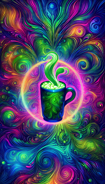 Colorful abstract phone wallpaper featuring a vibrant cup of green tea with swirling steam patterns.