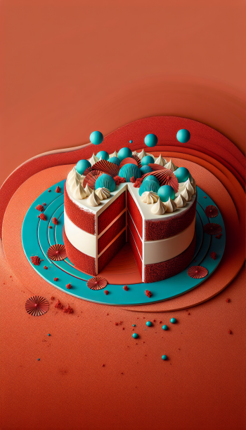 A beautifully styled red velvet cake with layers and vibrant turquoise accents, crafted as a striking phone wallpaper.
