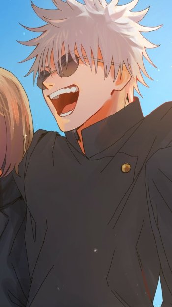 Phone wallpaper of Satoru Gojo from Jujutsu Kaisen anime, featuring him laughing with bright white hair and dark sunglasses against a clear blue sky.