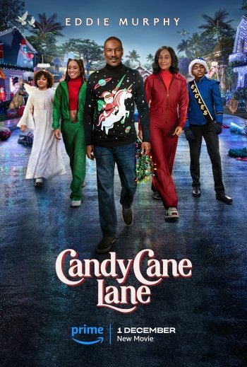 Candy Cane Lane movie promotional phone wallpaper featuring a group of characters in festive attire with holiday decorations in the background.