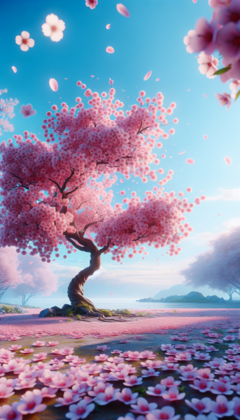 A beautiful cherry blossom tree stands against a bright sky, surrounded by falling petals and a carpet of blooms, creating a serene and vibrant phone wallpaper.