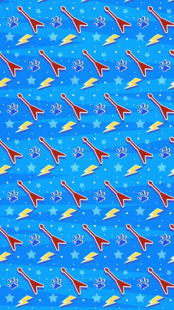 Hi-Fi Rush themed mobile wallpaper featuring stylized guitars and lightning bolts pattern on a blue background.