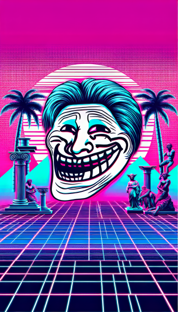 Retro-style phone wallpaper featuring a prominent Troll Face meme with vibrant pink and blue neon grid and palm tree silhouettes.