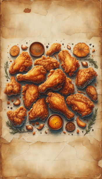 Savory fried chicken wallpaper for phones, showcasing crispy drumsticks and wings with herbs and spices on a vintage parchment background.