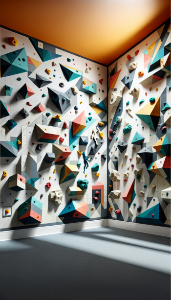 A vibrant indoor climbing wall with various geometric holds and colorful features, captured as a dynamic phone wallpaper, showcasing an engaging climbing environment.