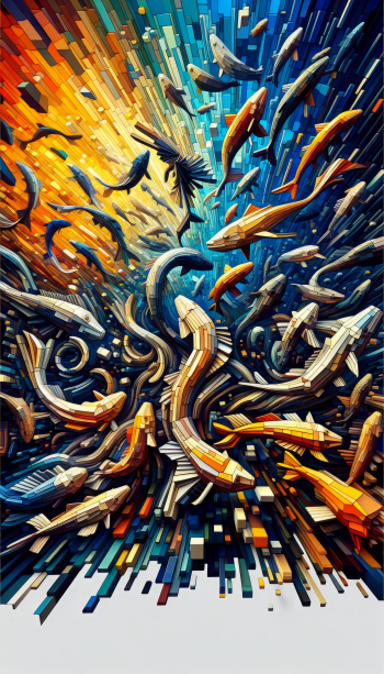 Vibrant abstract fish and birds explosion art as phone wallpaper.