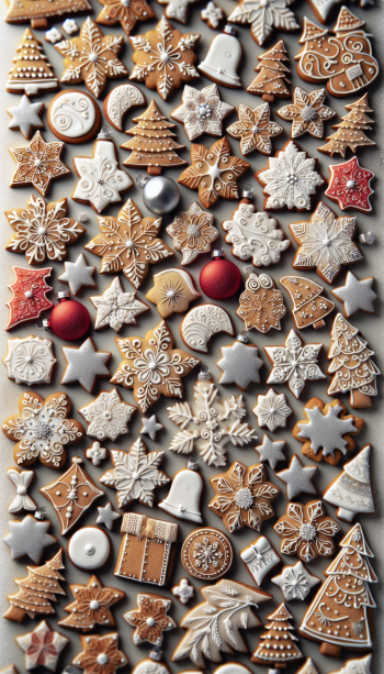 A vibrant phone wallpaper featuring an array of beautifully decorated holiday cookies in shapes like stars, trees, and snowflakes, creating a festive and cozy atmosphere.