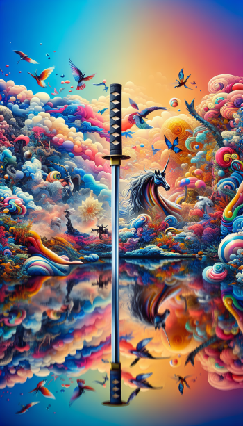 A vibrant phone wallpaper featuring a samurai sword reflecting in water, surrounded by whimsical clouds, butterflies, and a unicorn, creating a fantastical landscape.