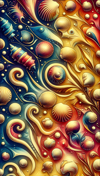 Colorful abstract seashell-themed wallpaper for phone with vibrant swirls and nautical elements.