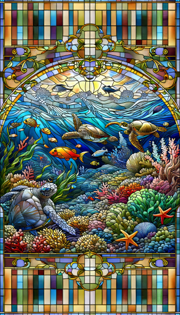 Colorful marine life themed stained-glass style phone wallpaper featuring vibrant coral reef and tropical fish.