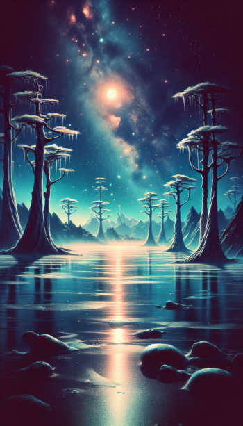A serene frozen lake surrounded by ethereal trees, under a starry sky filled with vibrant colors, creating a captivating phone wallpaper.