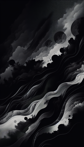 A striking black aesthetic phone wallpaper featuring swirling waves and abstract shapes in shades of black, gray, and white, creating a moody and dynamic visual effect.