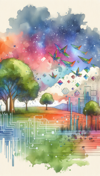 Colorful abstract virtual reality phone wallpaper featuring a vibrant digital landscape with trees, flying geometric birds, and a star-filled sky.