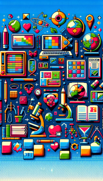 Educational themed phone wallpaper featuring colorful icons of books, computers, and school supplies on a blue background.