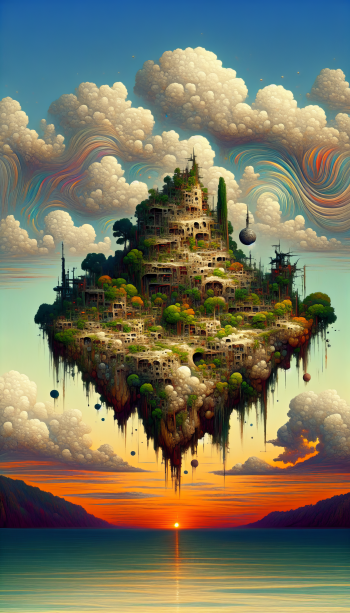 Fantasy flying island with ancient ruins wallpaper for mobile phones, featuring lush greenery, enigmatic structures, and hot air balloons against a vibrant sunset and tranquil sea.