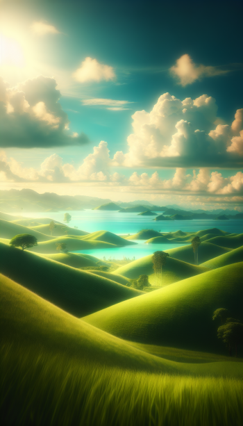 Scenic paradise landscape wallpaper featuring rolling green hills and serene blue waters under a sunny sky.