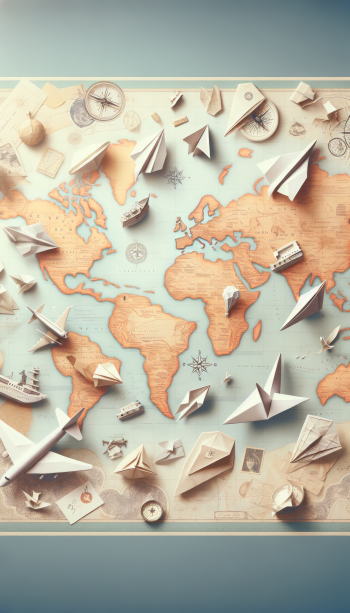 A beautifully crafted map adorned with paper airplanes, boats, and compasses, capturing the essence of travel. This design makes a stunning phone wallpaper for adventure enthusiasts.