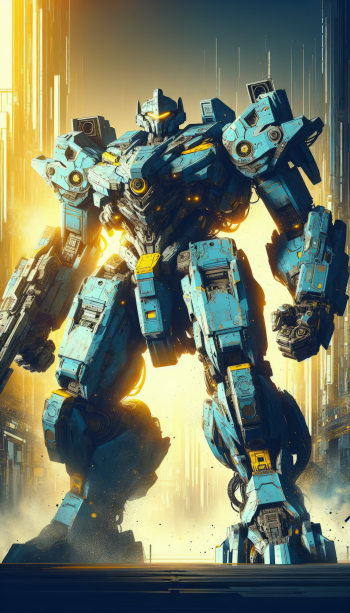 Dynamic mecha robot wallpaper for phones with a futuristic blue mech suit standing in an illuminated, urban setting.