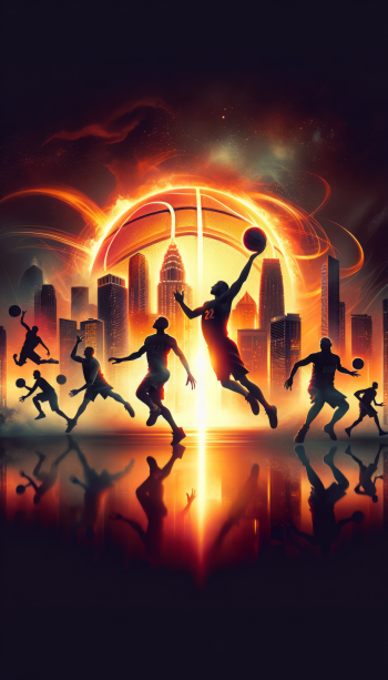 Miami Heat basketball-themed phone wallpaper featuring dynamic player silhouettes against a fiery skyline.