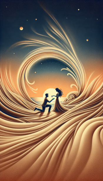 A stylized phone wallpaper depicting a romantic proposal scene, featuring a man kneeling with a ring before a woman amidst swirling waves and a sunset backdrop.