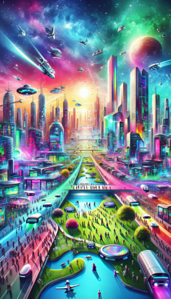 Vibrant futuristic cityscape phone wallpaper with flying vehicles and cosmic elements.