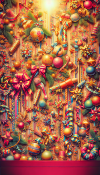 Colorful festive phone wallpaper featuring a vibrant display of holiday decorations with ribbons, baubles, and candy canes.