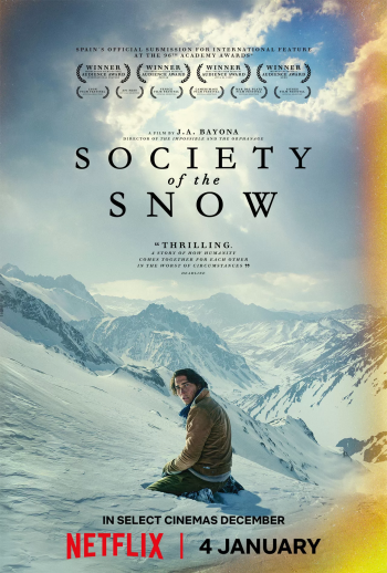 Phone wallpaper featuring Society of the Snow movie poster with icy mountain backdrop and release date information.