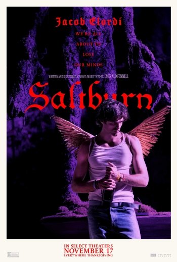Phone wallpaper featuring a movie poster for 'Saltburn' (2023) depicting a young man with wings set against a purple backdrop, with the release date November 17.
