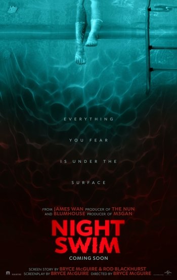 Phone wallpaper of the 'Night Swim' movie poster featuring a suspenseful underwater view and ominous tagline, hinting at a thrilling plot.