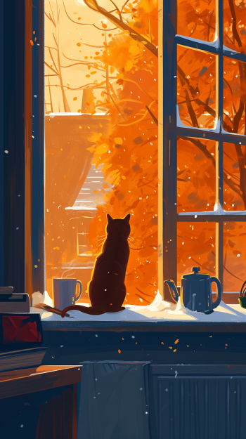 Silhouette of a cat sitting by a window with warm autumn leaves outside, perfect for a cozy phone wallpaper with an animal theme.