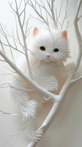 White fluffy cat nestled in bare tree branches phone wallpaper