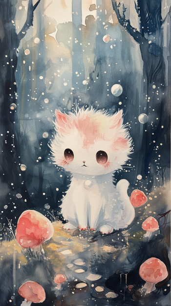 Adorable illustrated kitten in a whimsical forest, perfect for a magical phone wallpaper.