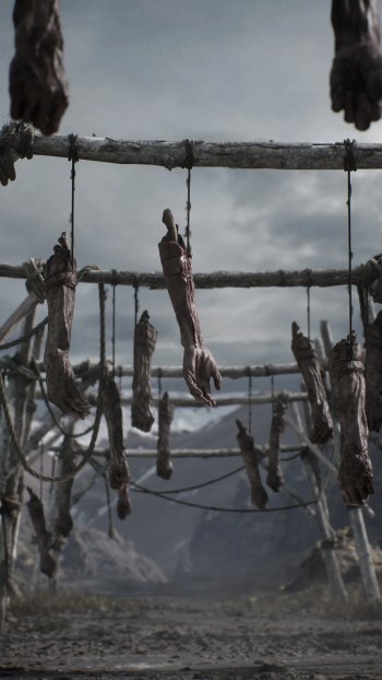 Atmospheric Senua's Saga: Hellblade II themed phone wallpaper featuring eerie hanging artifacts in a bleak landscape.