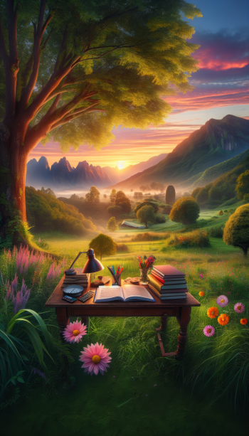 Peaceful study scene in nature with books on desk for exam preparation wallpaper for phones.