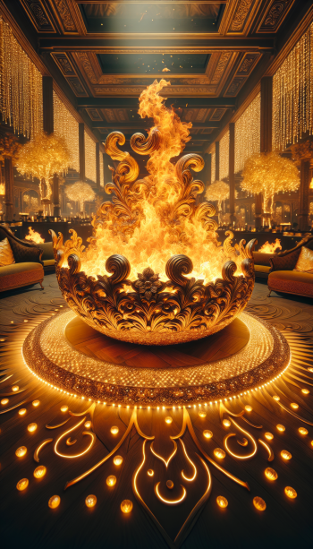A mesmerizing fire pit radiates warmth and light, surrounded by ornate decor and shimmering details, making it a captivating phone wallpaper.