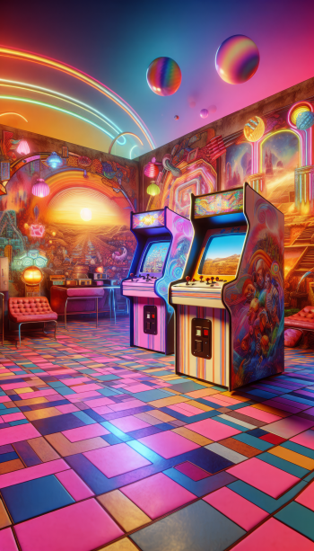 Vibrant arcade machine wallpaper for phones featuring neon colors and retro gaming style.