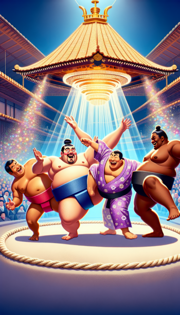 A vibrant phone wallpaper depicting sumo wrestlers celebrating in a circular arena, with a traditional Japanese structure illuminated above and a cheering crowd in the background.