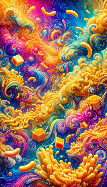 Colorful abstract mac and cheese themed phone wallpaper with swirling noodle designs and cheese cubes.