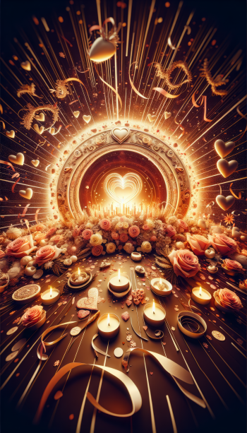 Festive anniversary phone wallpaper with glowing hearts, flowers, and sparkles in warm golden tones.
